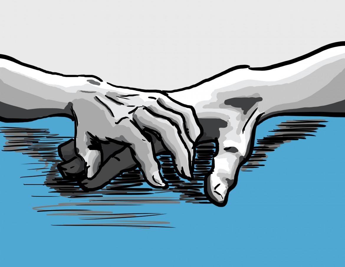 illustration shows one hand grabbing another