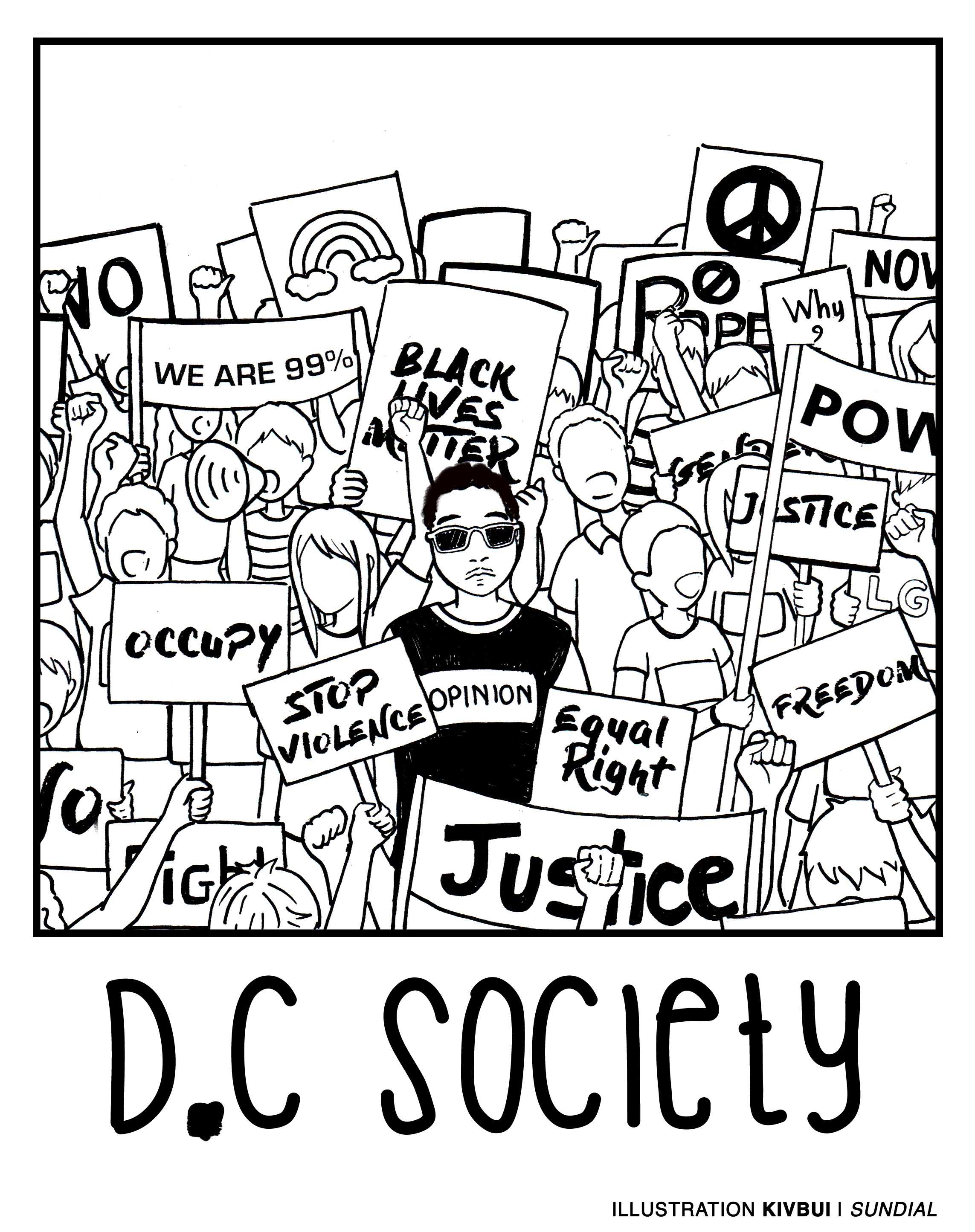 illustration of protesters with the text, D.C society