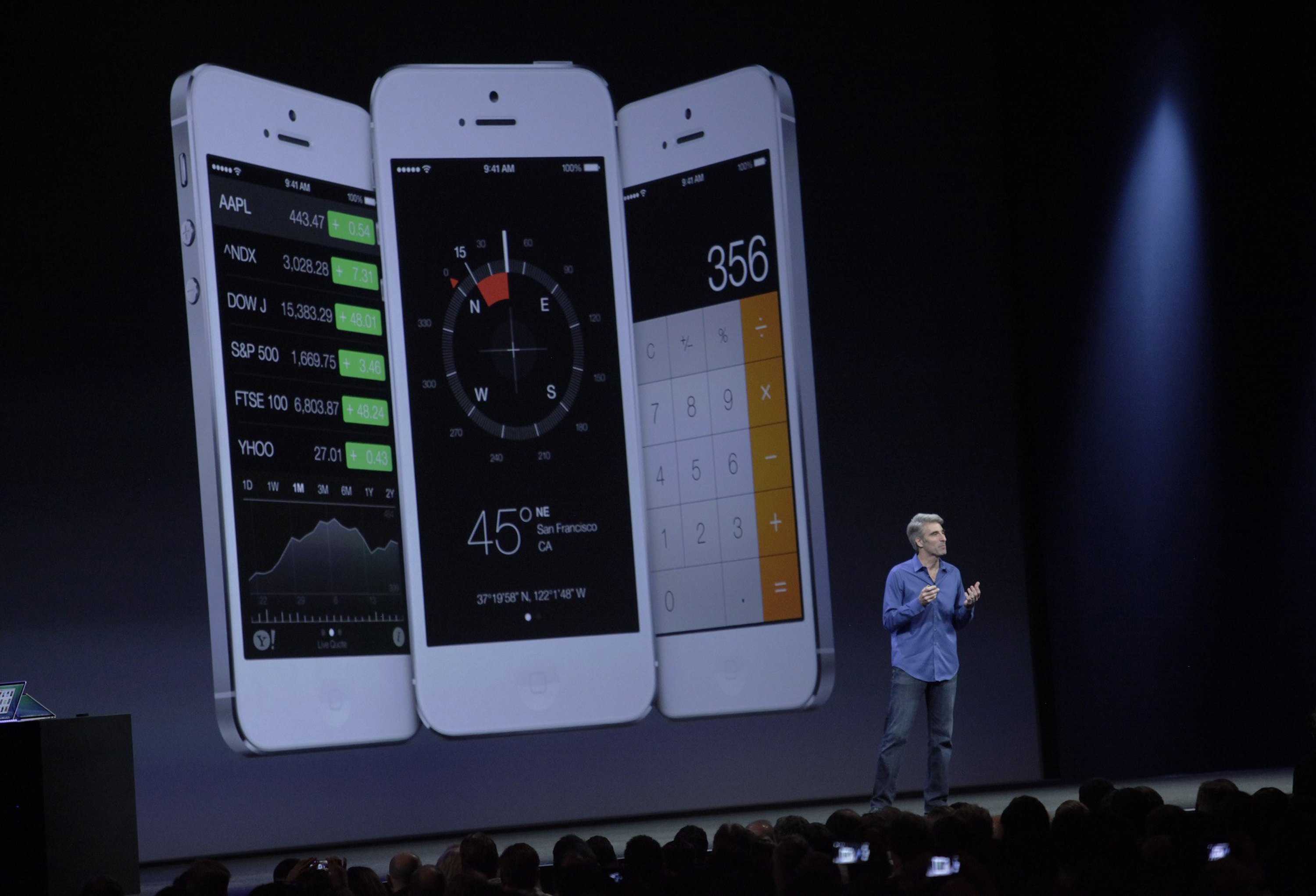 Craig Federighi, senior vice president of software engineering for Apple, presents new features of iOS 7 for the iPhone at the Apple Worldwide Developers Conference in San Francisco, California, Monday, June 10, 2013. (Gary Reyes/Bay Area News Group/MCT)