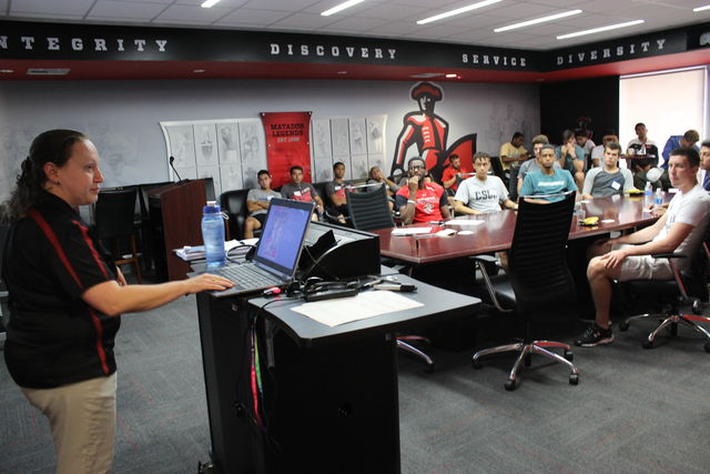 Sarina Loeb, coordinator of the Pride Center and LGBTQ initiatives at CSUN, holds an “Ally Training” at the Intercollegiate Athletics Office conference room Sept. 26 for the Men’s Soccer team. Photo Credit: Robert Spallone 