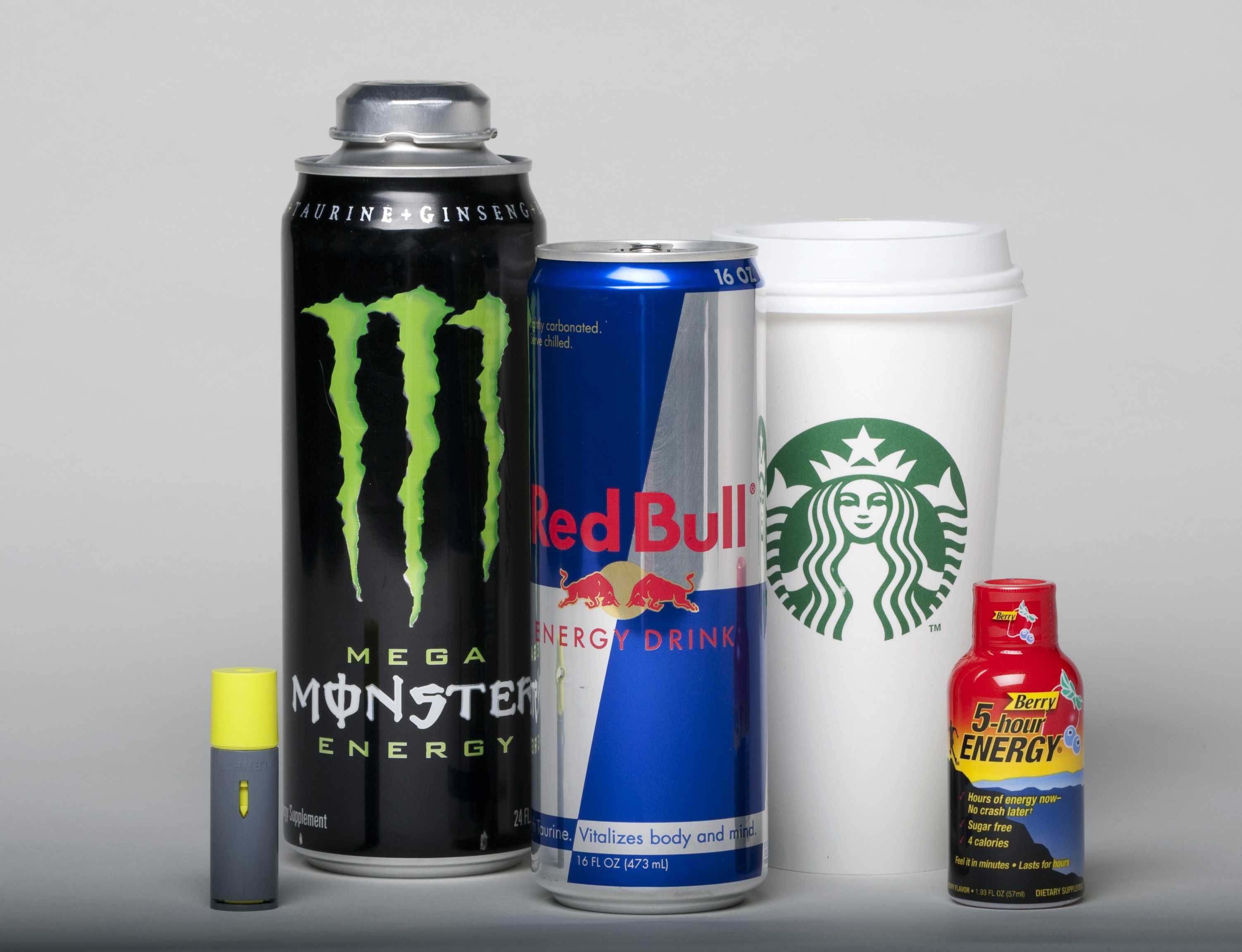 Caffeinated beverages and shots are displayed January 21, 2013. Energy drinks, which derive much of their stimulant capacity from caffeine, have shown up in reports of a number of recent deaths, the FDA says. (Kate Lucas/Orange County Register/MCT)