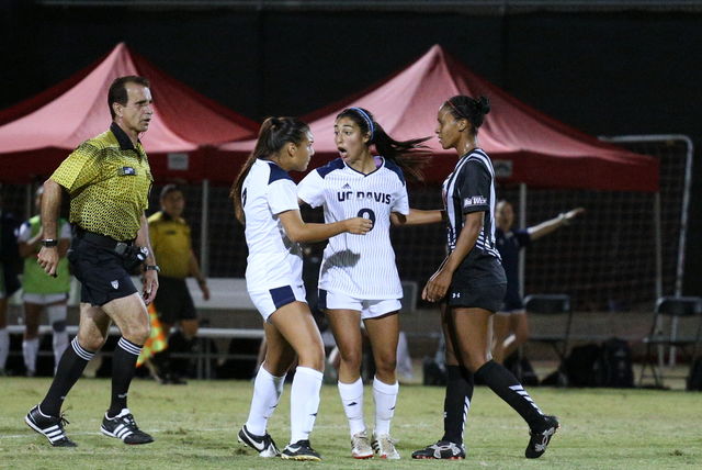 Amidst a physical game, Andi Damian (9) broke up a fight late in the second half, September 30, 2016 against UC Davis. There were no cards given in the game. Photo Credit: Max Zeronian/ The Sundial