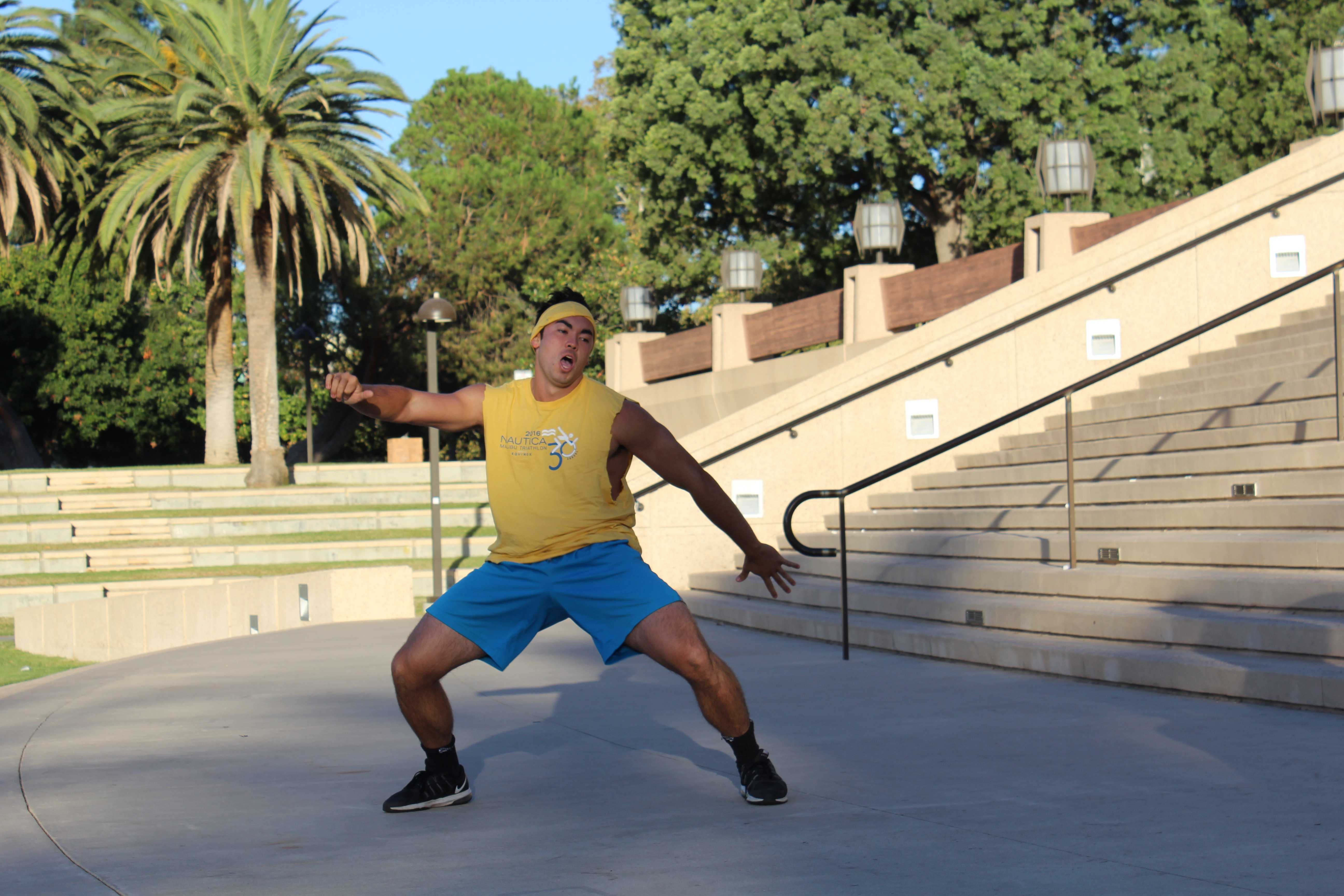 Pitcher Tei Vanderford busts a move on the Oviatt steps Oct. 6. Photo Credit: James Fike/ The Sundial