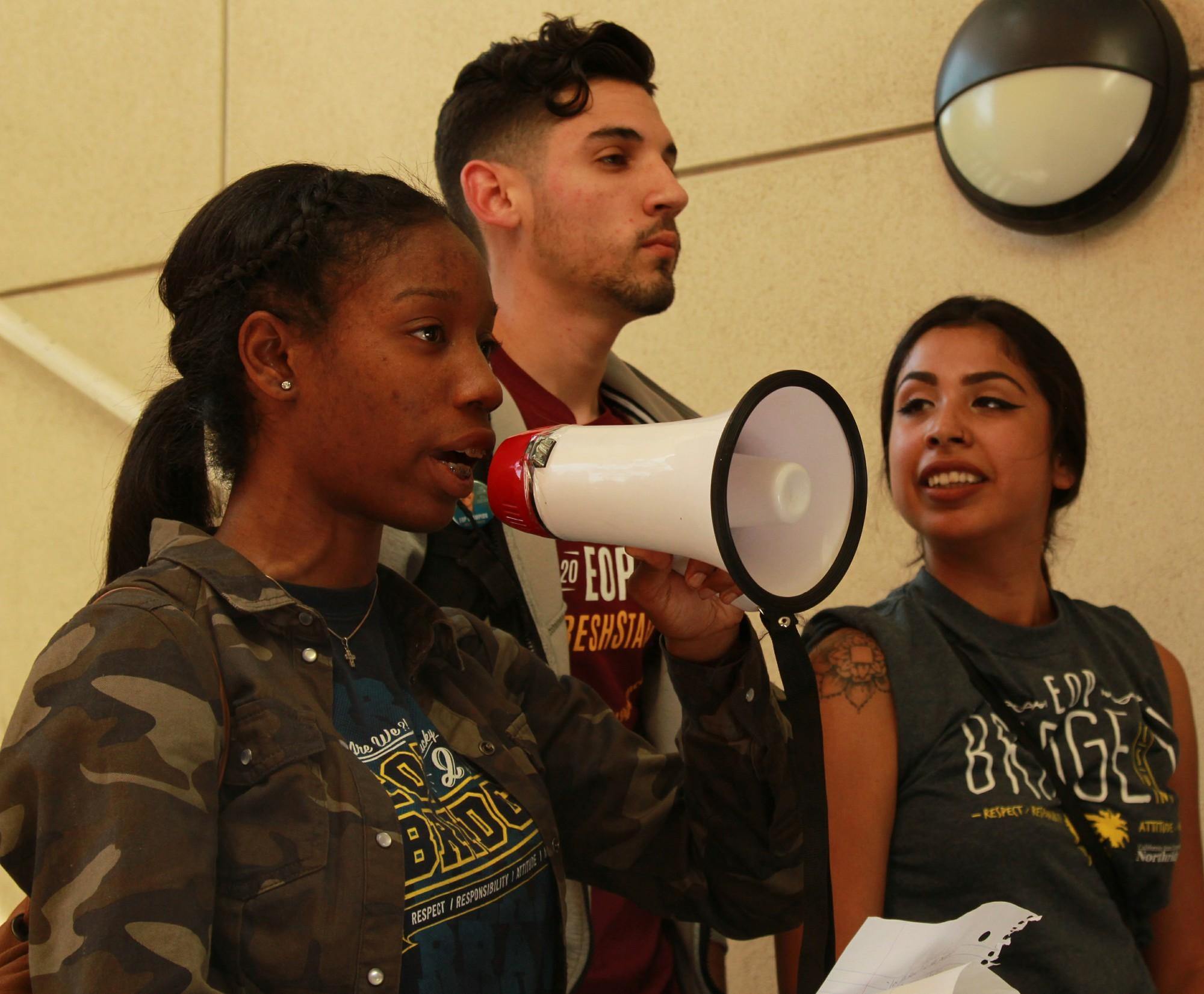EOP Leader Brittany Washington (L) Addresses a crowd gathered near Jerome Richfield Hall. Alongside her is EOP leader Abraham Baeza(top) and Desiree Luna(right). File photo/The Sundial