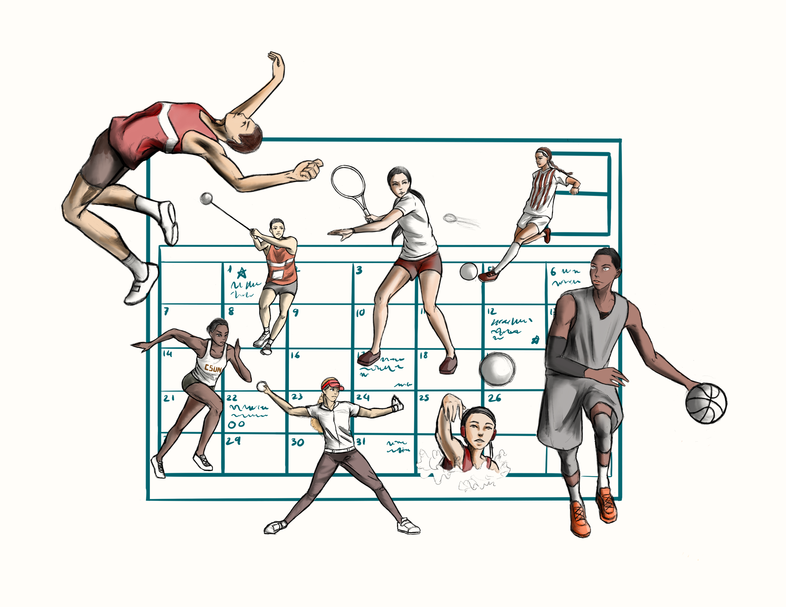 Illustration shows female athletes in front of a calandar