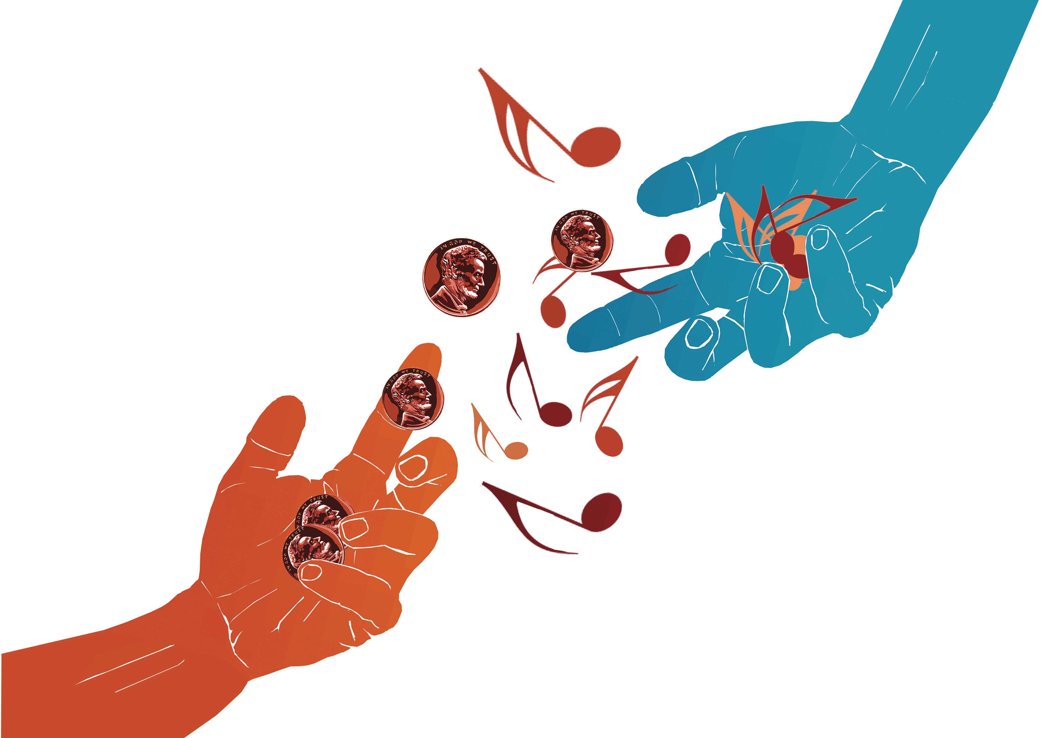 Illustration shows two hands exchanging pennies and music notes
