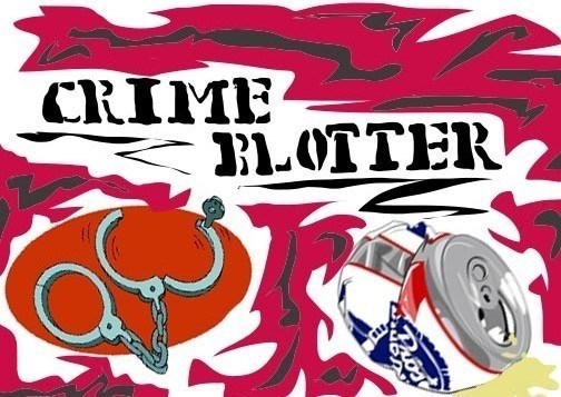 Colorful painting which reads, Crime Blotter shows a pair of opened handcuffs and crushed beer can