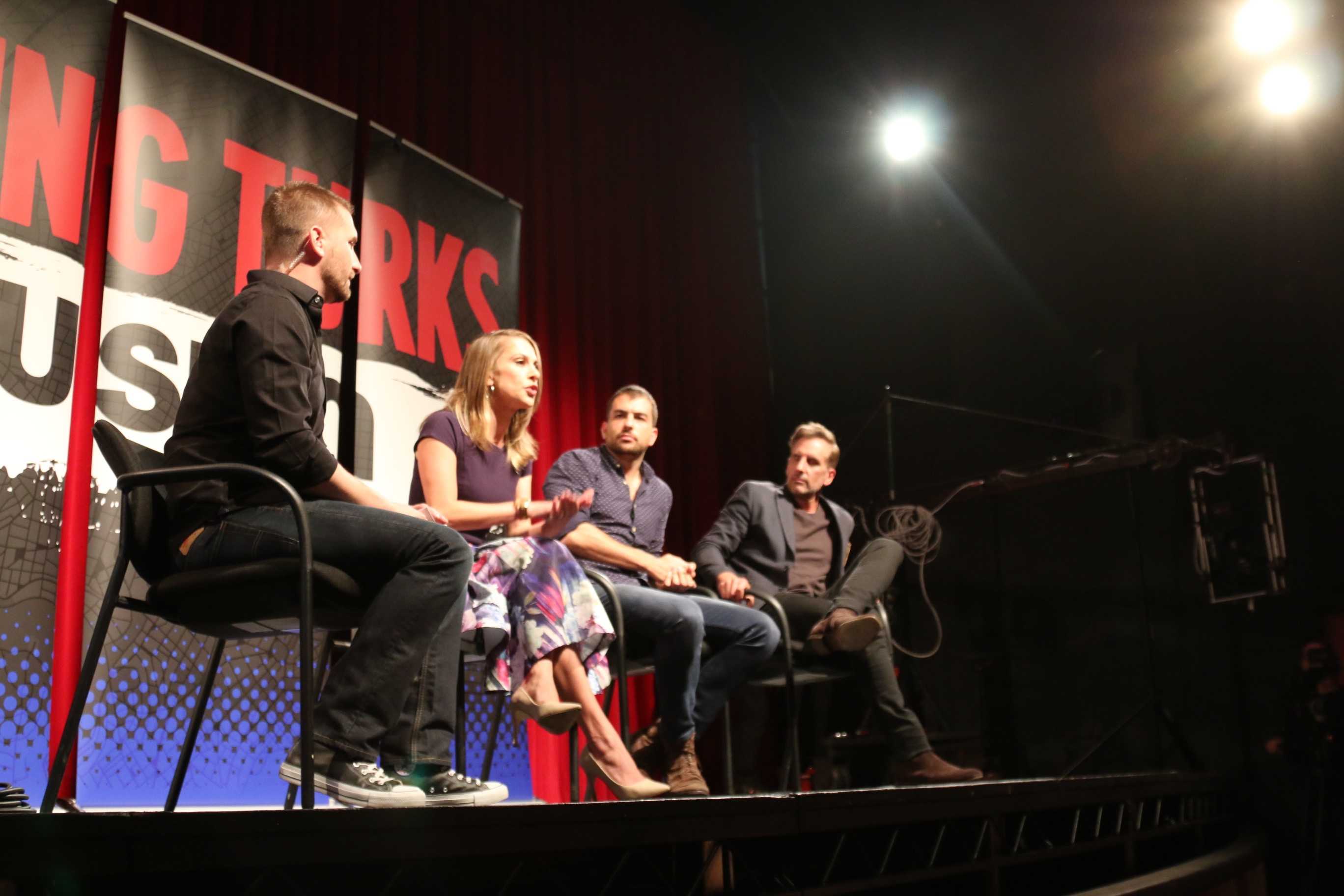 Ana Kasparian(2nd to the left) has a heated exchange with heckler at the filming of The Young Turks in The Little theatre in Nordhoff Hall at roughly Photo credit: Blaise Scemama
