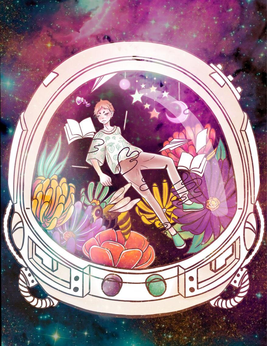Illustration of an astronauts helmet with a boy floating inside with a few books and flowers