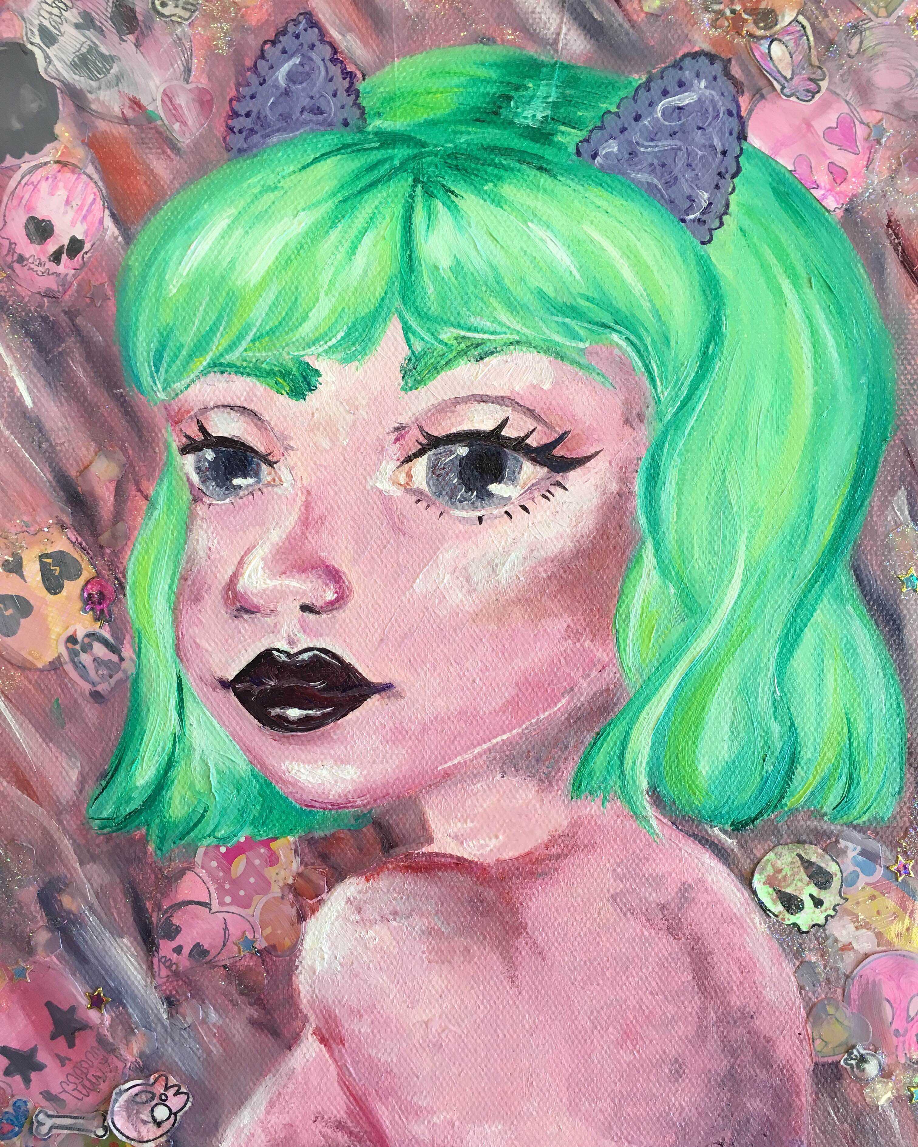 Illustration+of+a+girl+with+green+hair+and+cat+ears+surrounded+by+skulls