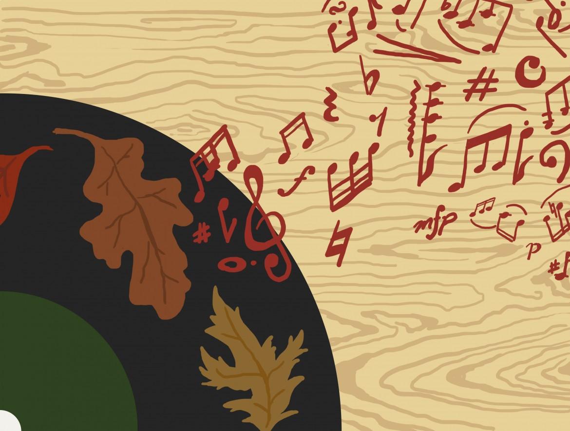 Illustration shows autumn leaves and music notes
