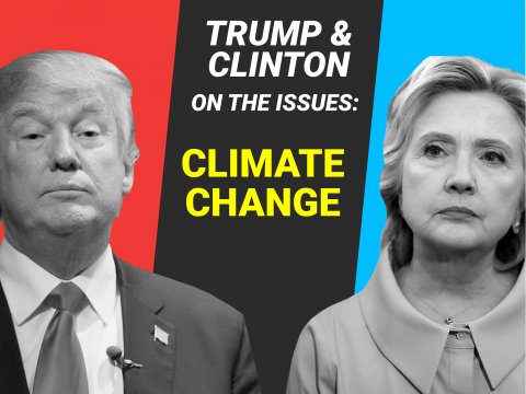 Photo shows Clinton and Trump, Text reads: Trump and Clinton on the issues: Climate Change