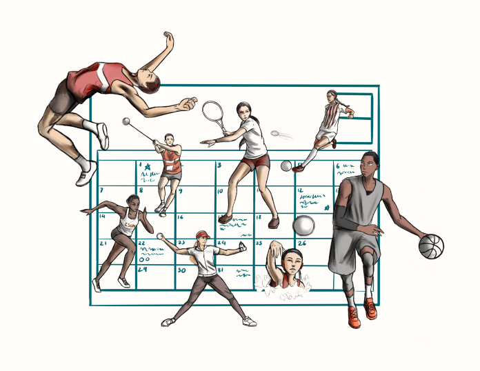 Illustration shows a Calandar behind various female athletes
