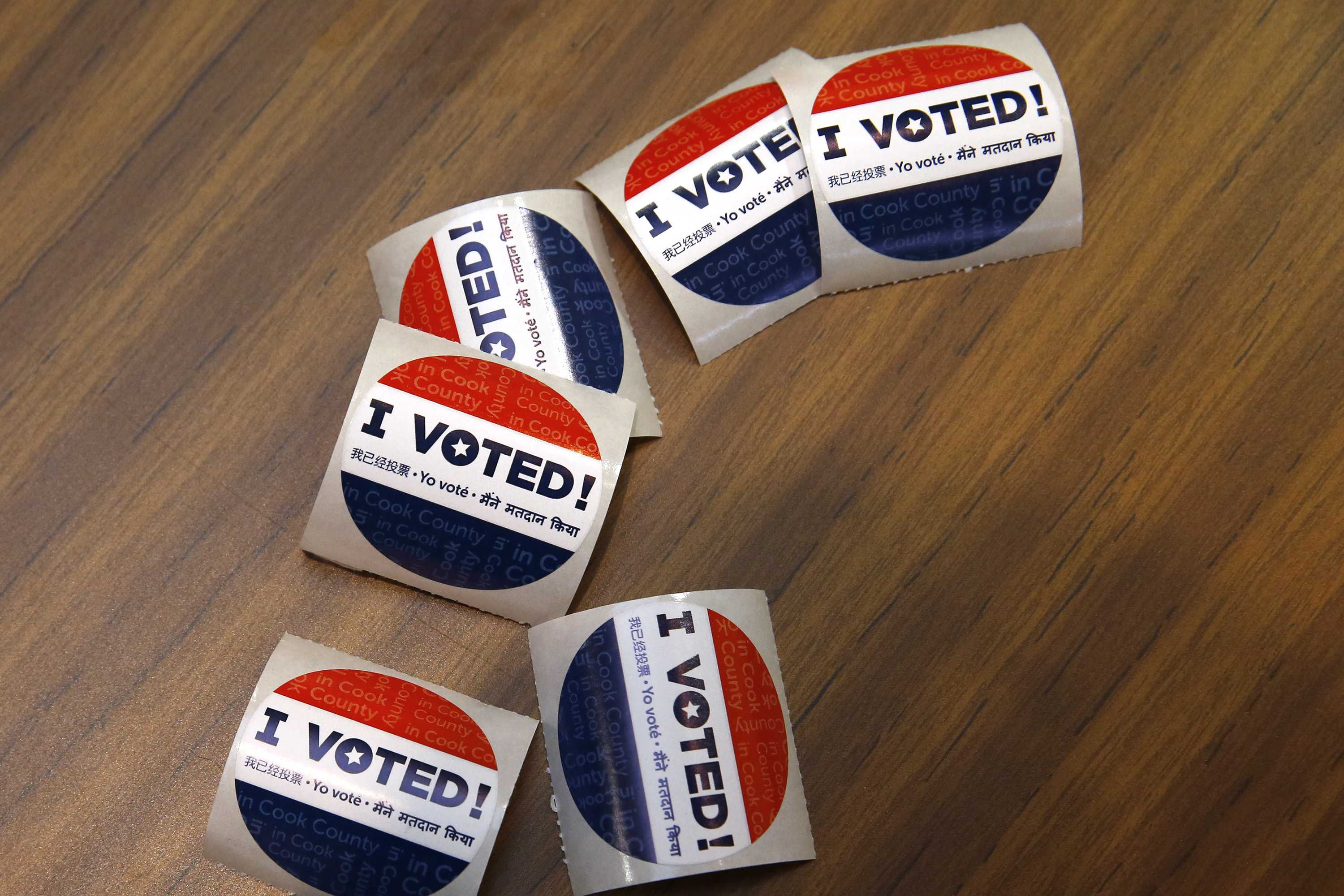 Voting stickers at First Presbyterian Church in River Forest on Tuesday, March 15, 2016 in Chicago. (Jose M. Osorio/Chicago Tribune/TNS)