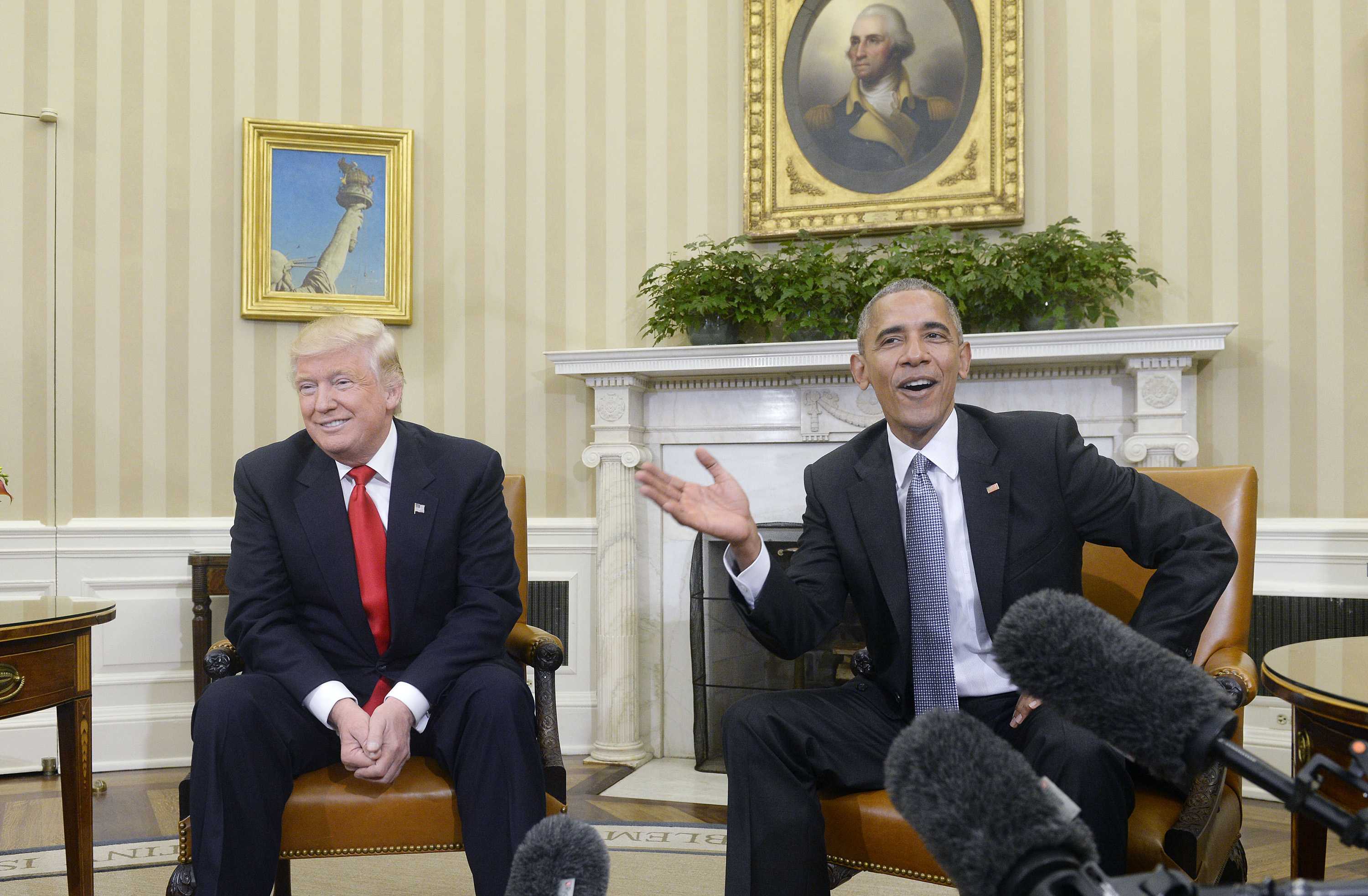 U.S. President Barack Obama meets with President-elect Donald Trump on Thursday, Nov. 10, 2016 in the Oval Office of the White House in Washington, D.C. in their first public step toward a transition of power. (Olivier Douliery/Abaca Press/TNS)