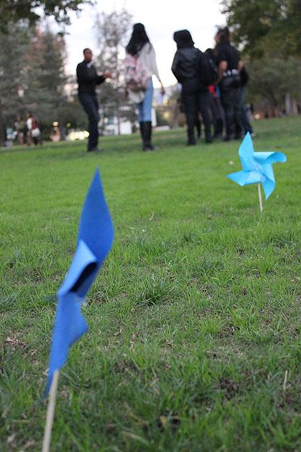 Two blue pinwheels are shown on the Oviatt Lawn