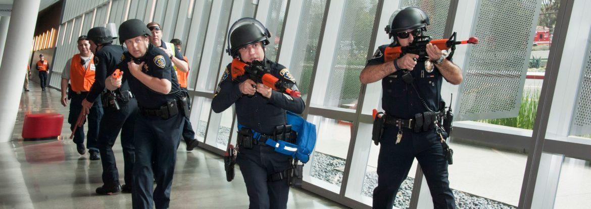 CSUN police have a practice training while carrying fake guns in the SRC