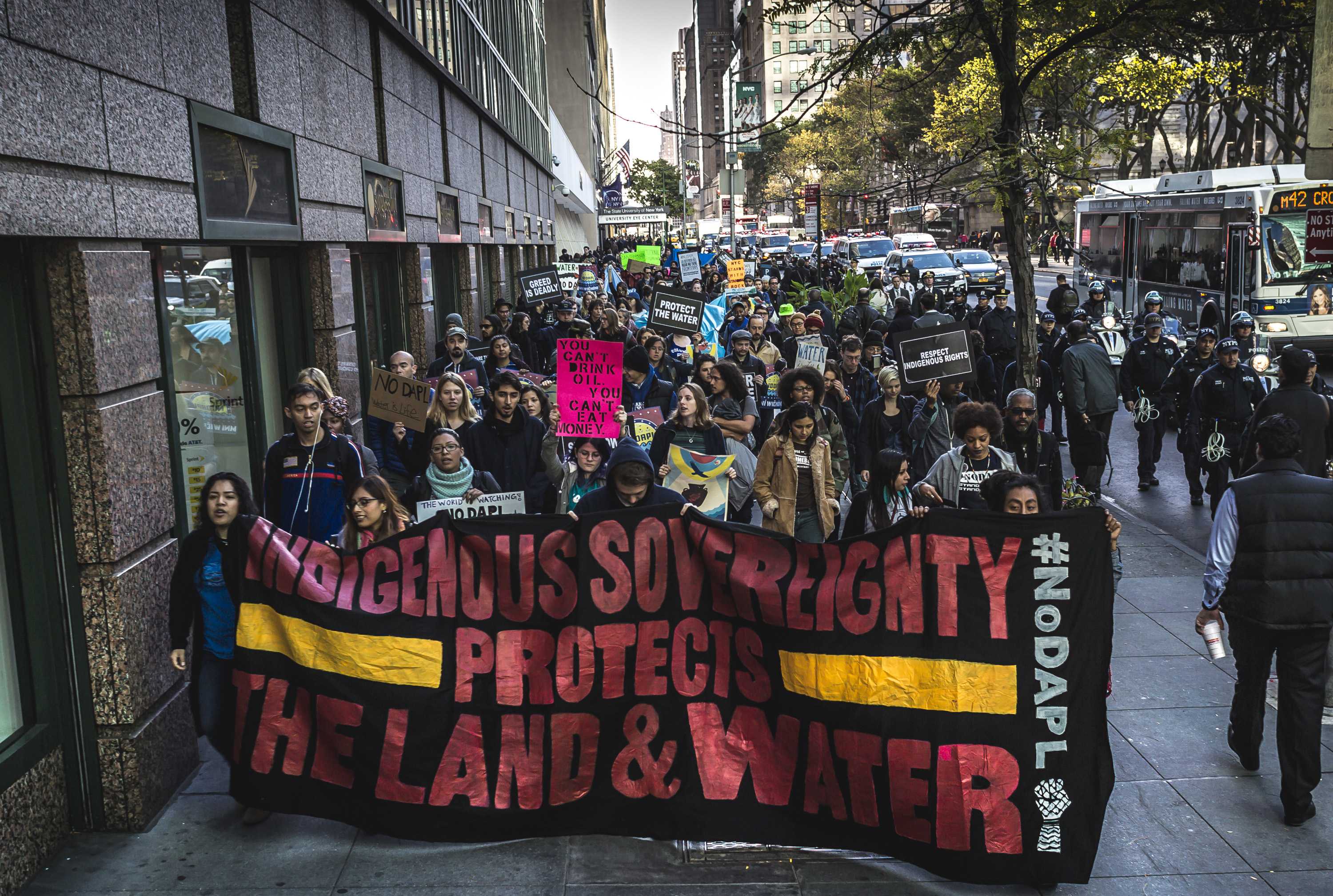 People in New York protest the North Dakota access pipeline