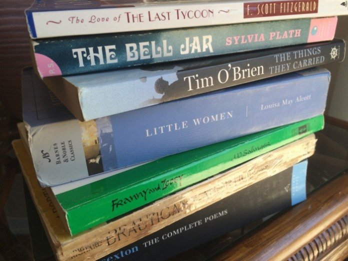 Picture shows a stack of several different books