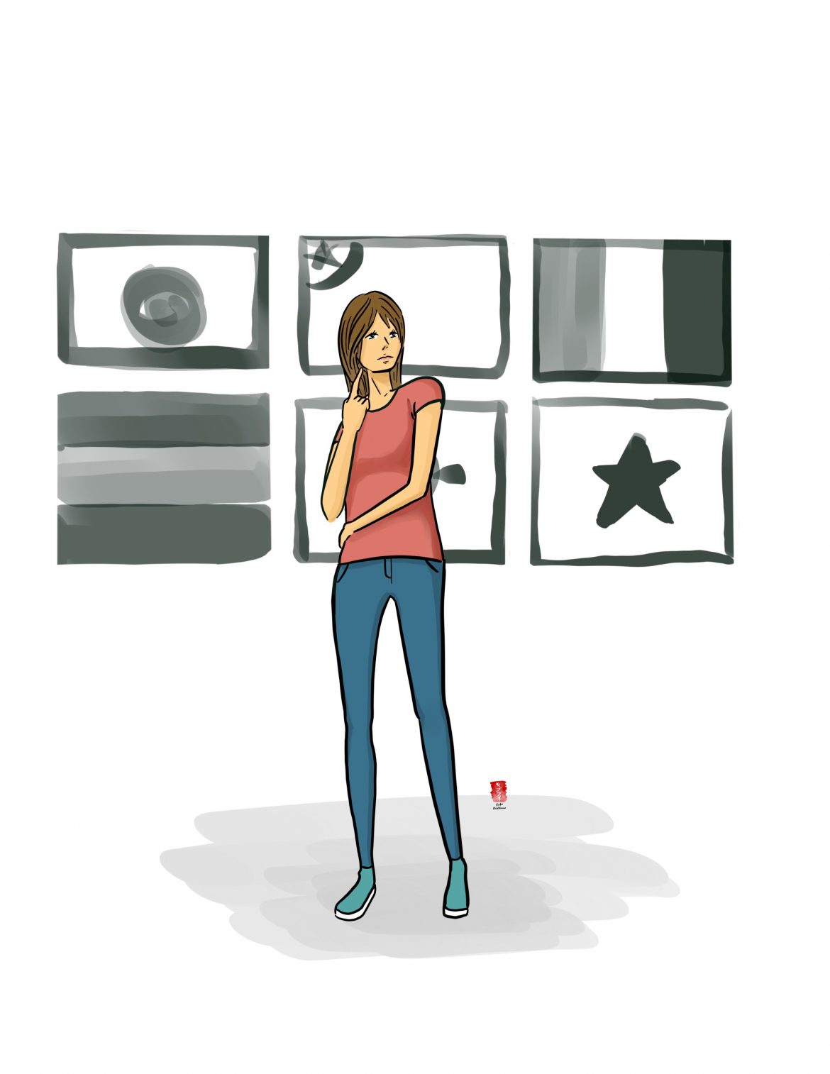 Illustration shows a woman standing in front of various countries flags