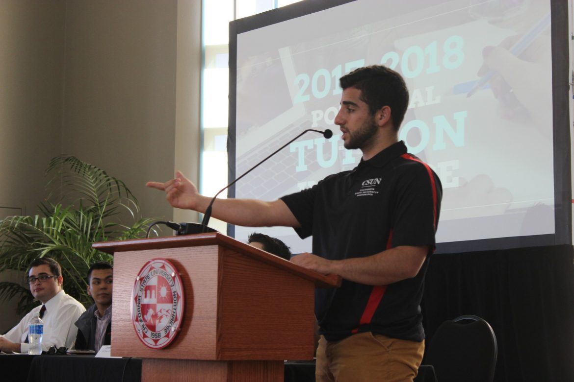 Sevag Alexanian, president of CSUN's Associated Students, opening up a panel discussion for a Town Hall  on possible CSU tuition increases Nov. 22 at the campus' Grand Salon. ( Robert Spallone / The Sundial)
