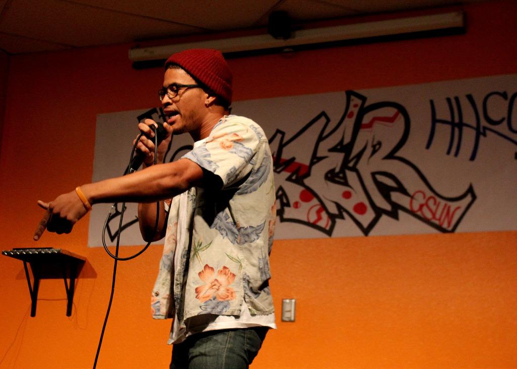 Jacques Guidry, known by his stage name as Souleaux, performs at a CSUN Hip Hop Culture Club event. Photo by Yocasta Arias.