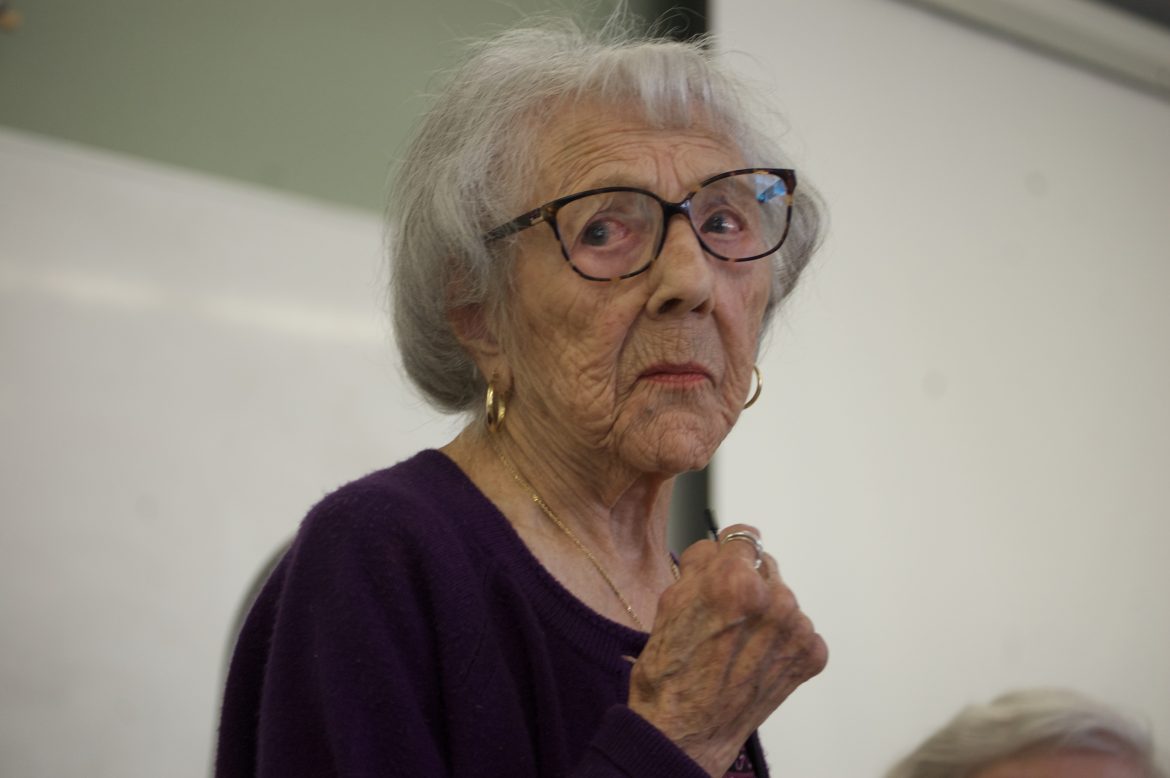 105-year-old woman, Connie Farrell Weinberg, talked to Helen Dosik’s sociology class on April 25  about her hip surgery and her life over a century Photo credit: Joanna Rosales