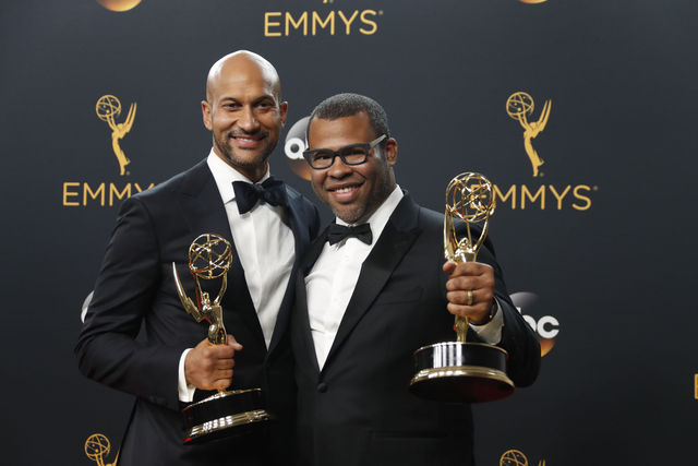 Keegan-Michael Key and Jordan Peele backstage at the 68th Primetime Emmy Awards at the Microsoft Theater in Los Angeles on Sunday, Sept. 18, 2016. (Allen J. Schaben/Los Angeles Times/TNS)