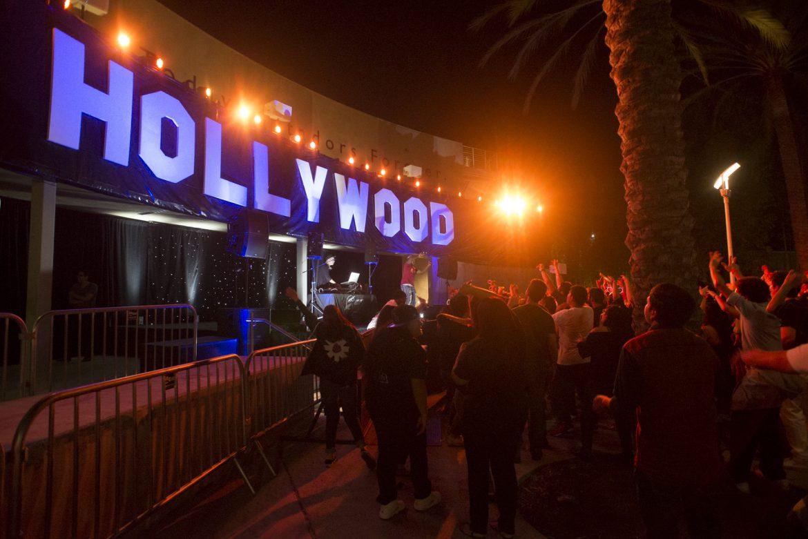 Hollywood sign in the Plasa Del Sol during matador nights on the main event with a DJ playing dancing music for the crowd Photo credit: Alejandro Aranda