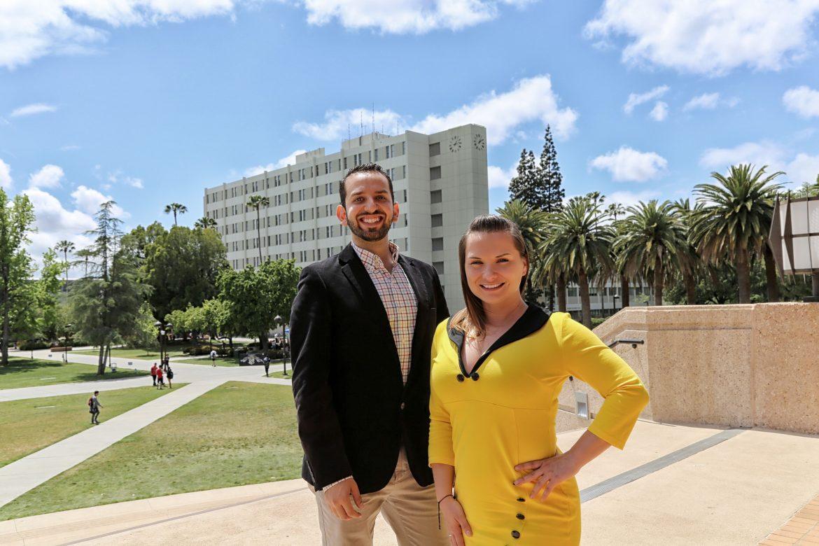 Ute and Alex pose for a photo in front of the Oviatt Library at CSUN Photo credit: Mercedes Mayers