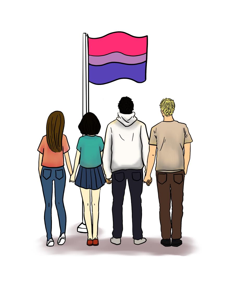 Illustration shows people standing in front of the bisexual pride flag which is pink, purple, and blue