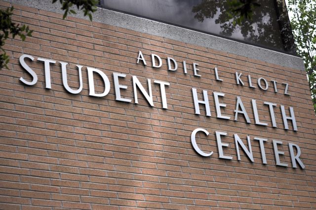side of building pictured, it says, Addie L Klotz Student Health Center