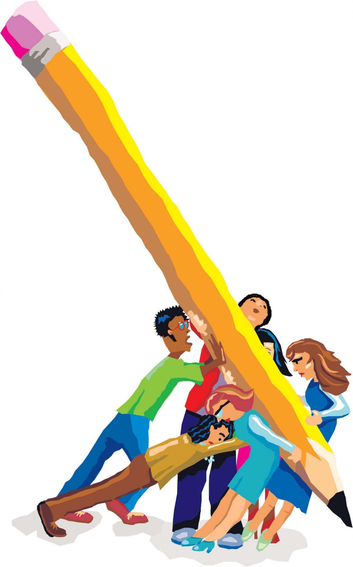illustration of students struggling to lift a pencil