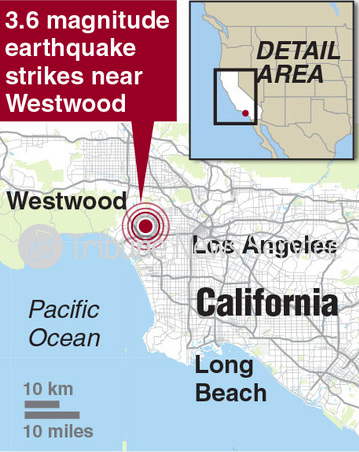 graphic shows a map of LA and pinpoints the area (westwood) where the earthquake struck