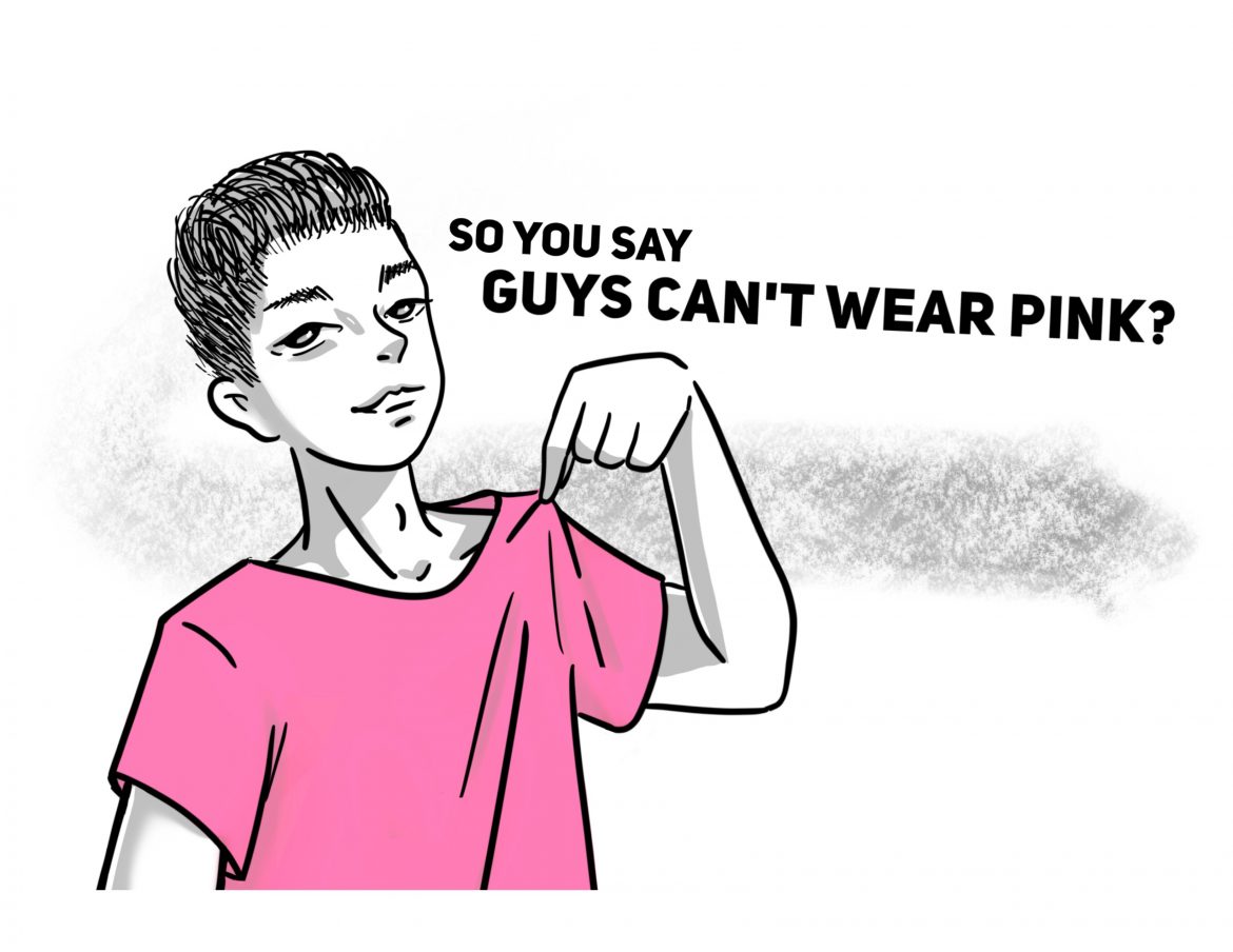 drawing of a boy wearing a pink shirt with caption so you say guys cant wear pink