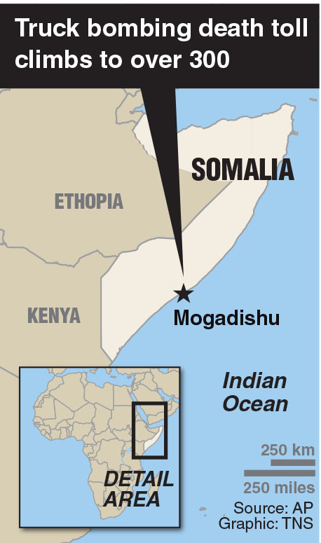 Locator map of Mogadishu, Somalia where truck bomb kills at least 300.
