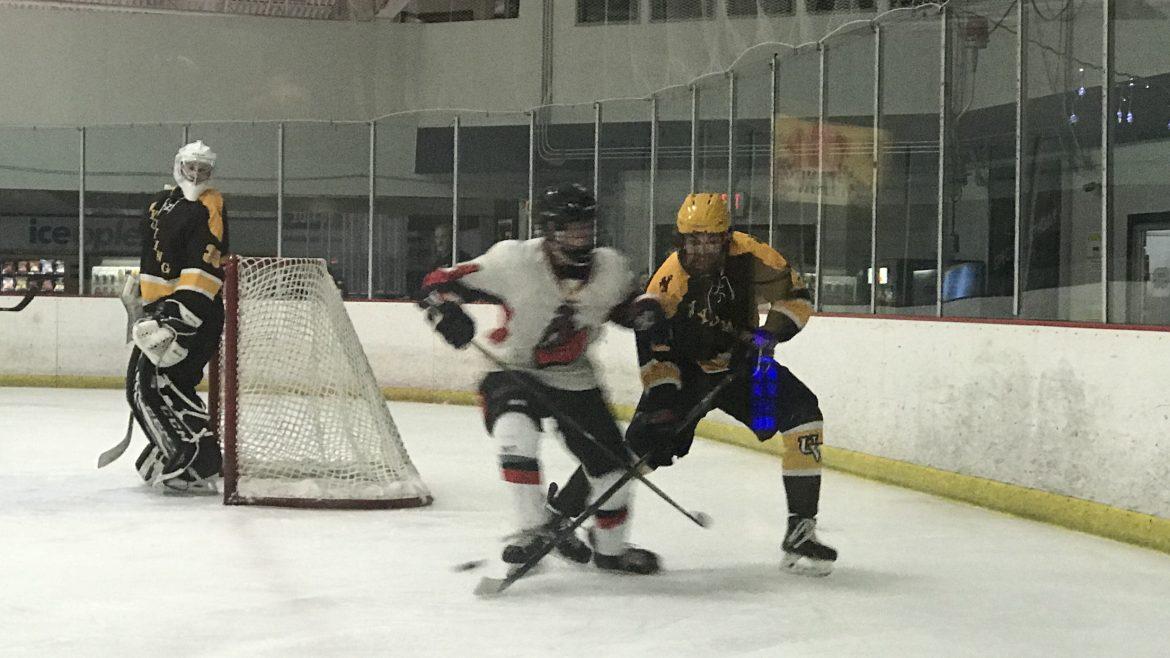 Eli Berengut (24) lowers his shoulder lining up a vicious hit Friday night at the Iceoplex in Simi Valley. (Soloman Ladvienka/The Sundial)