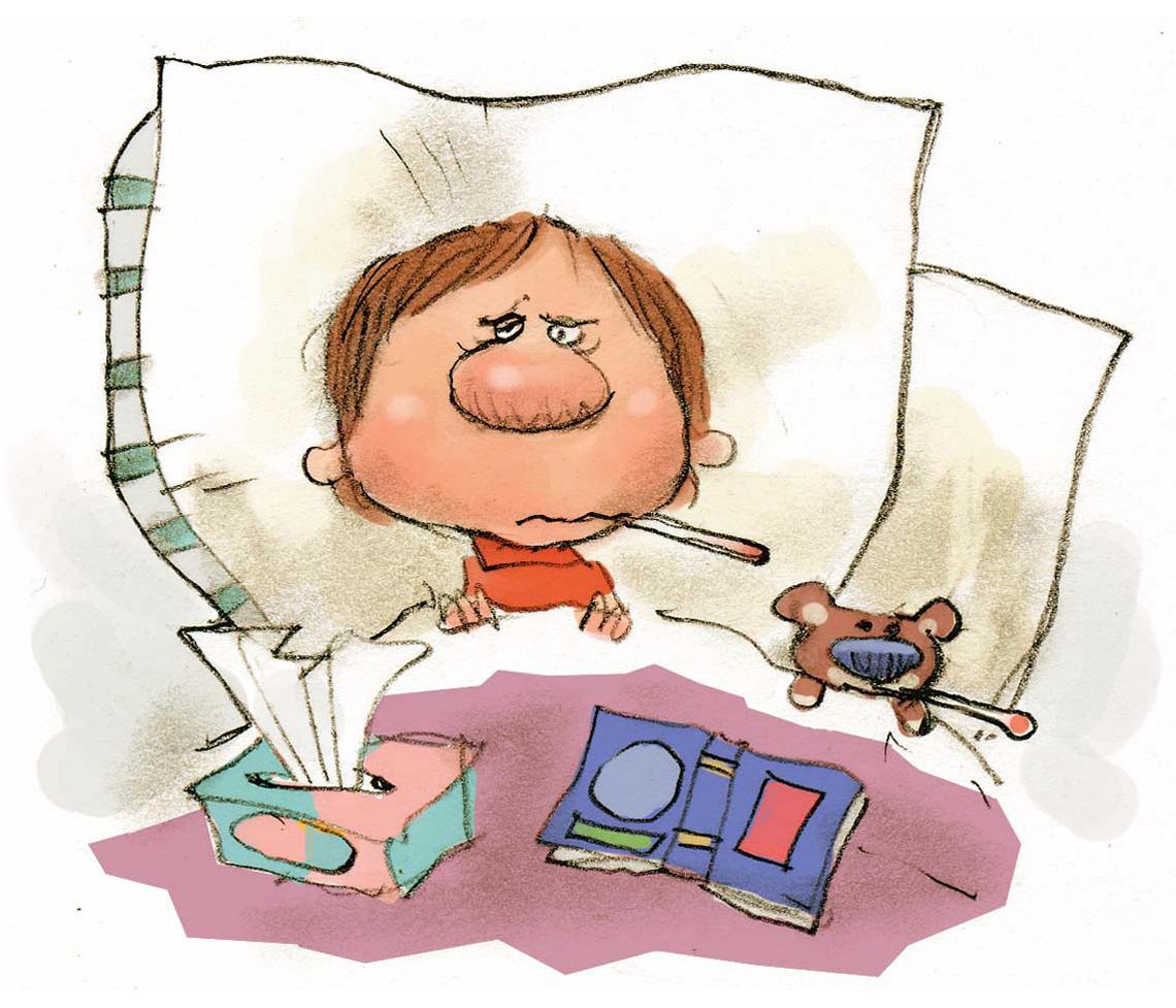 cartoon of a boy laying sick in bed