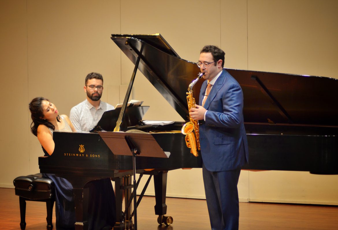 Dr. Benjamin Sorrell (right) and pianist Akina Motoyama (left) with assistant playing at the Cypress Recital Hall. 10/22/2017 Photo credit: Nick Rose
