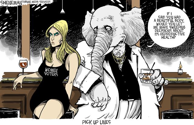 Political cartoon of woman with angry face wearing a black dress reading Women Voters. Next to her an elephant saying If I said you had a beautiful body, would you let me make sweeping decisions about its reproductive health?
