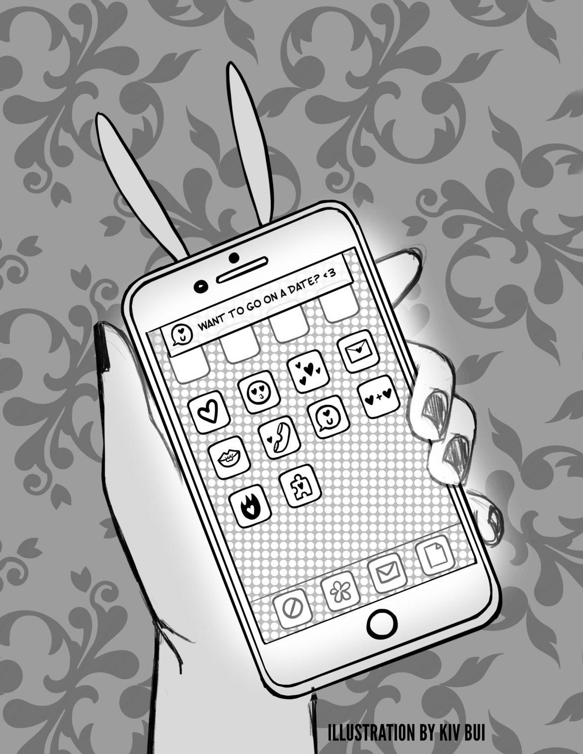 drawing of a hand holding a phone with a text on it asking want to go on a date?