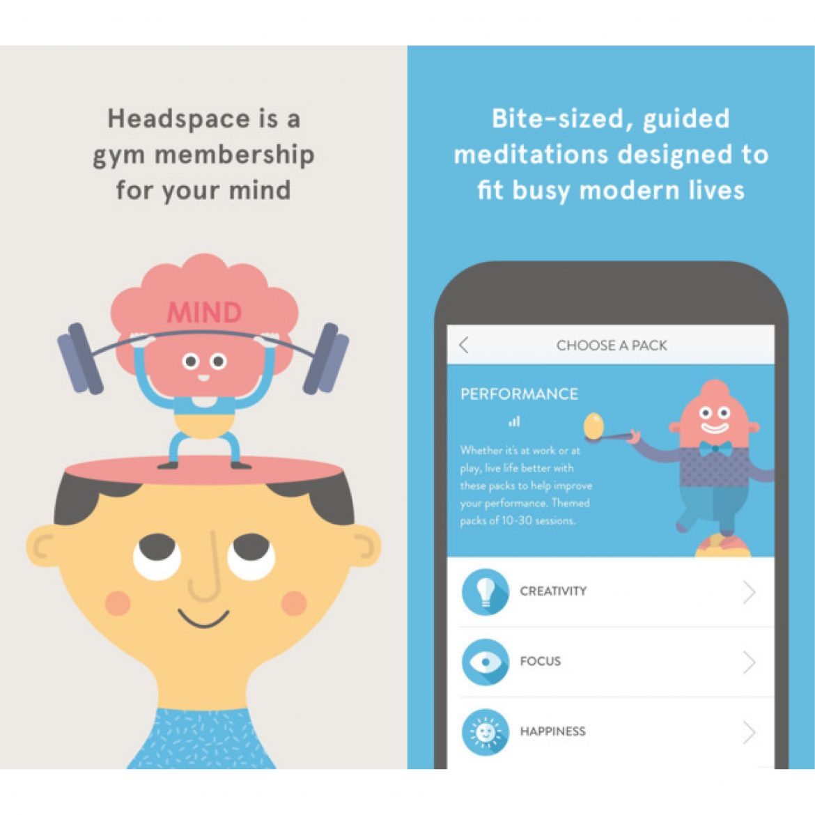 A screenshot of the Headspace app interface and Headspace animations, showing a lists of packs the app offers, captured by Teen Vouge.