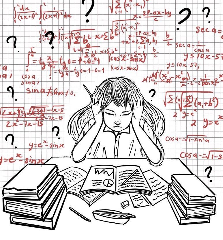 drawing of woman with equations and question marks surrounding her