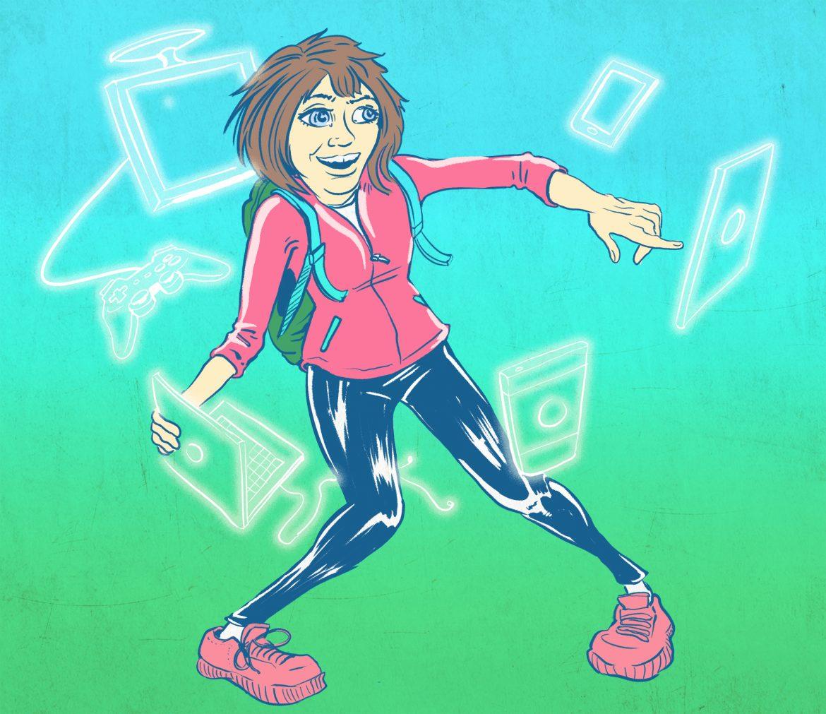 drawing of girl with different electronic devices around her