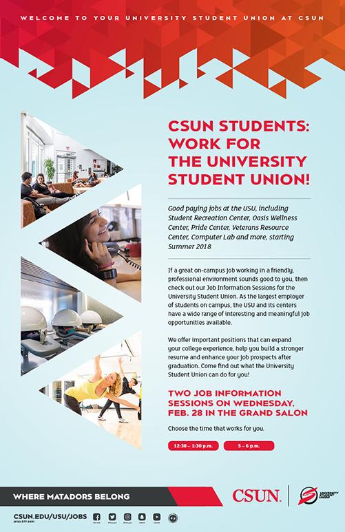 flyer promoting jobs available at the CSUN USU