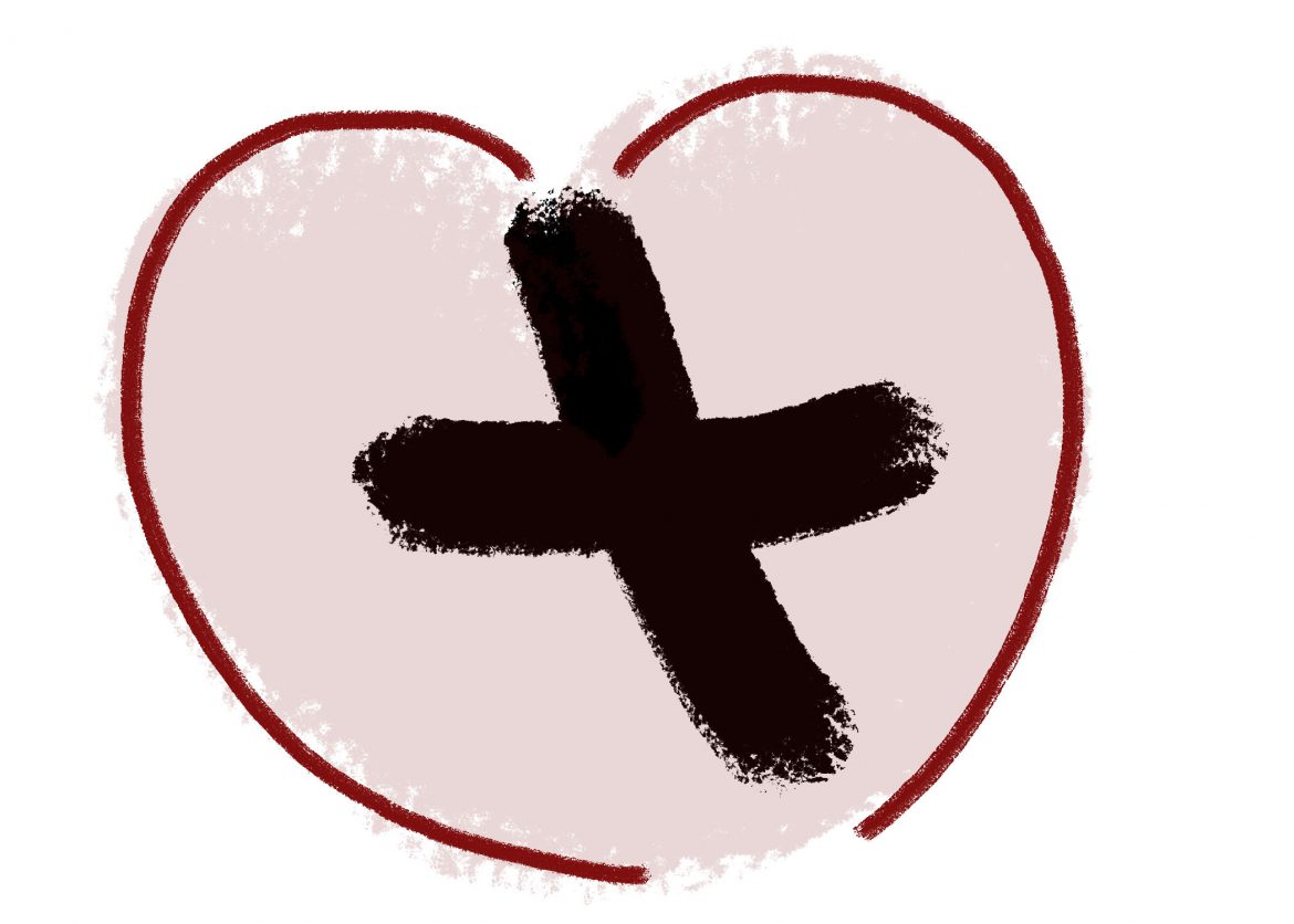 black cross drawn inside heart.