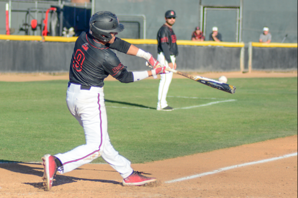 CSUN baseball player takes a swing at the ball during the games warm up