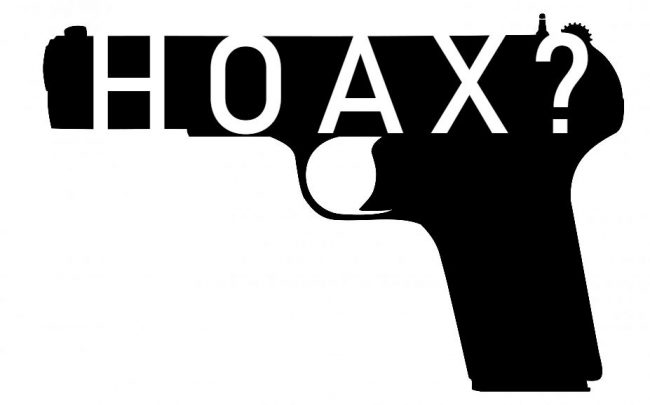 gun with Hoax written as a question mark inside of it