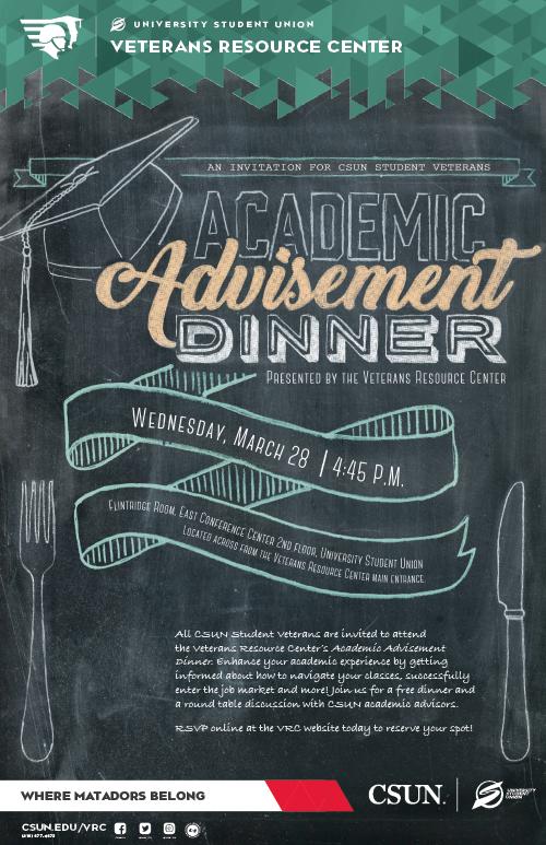 green and grey poster for and Academic Advisement Dinner