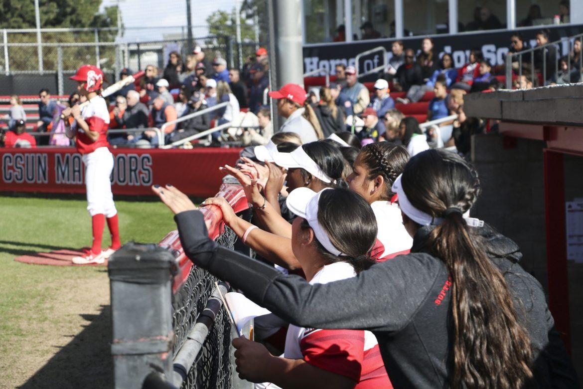 CSUN+softball+players+excitedly+stand+in+the+dugout